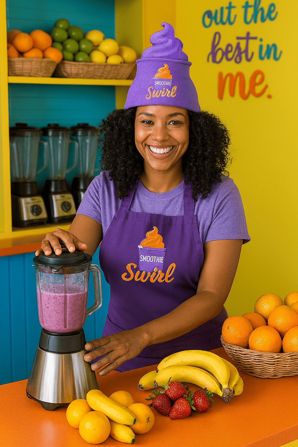 woman smiling blending drinks